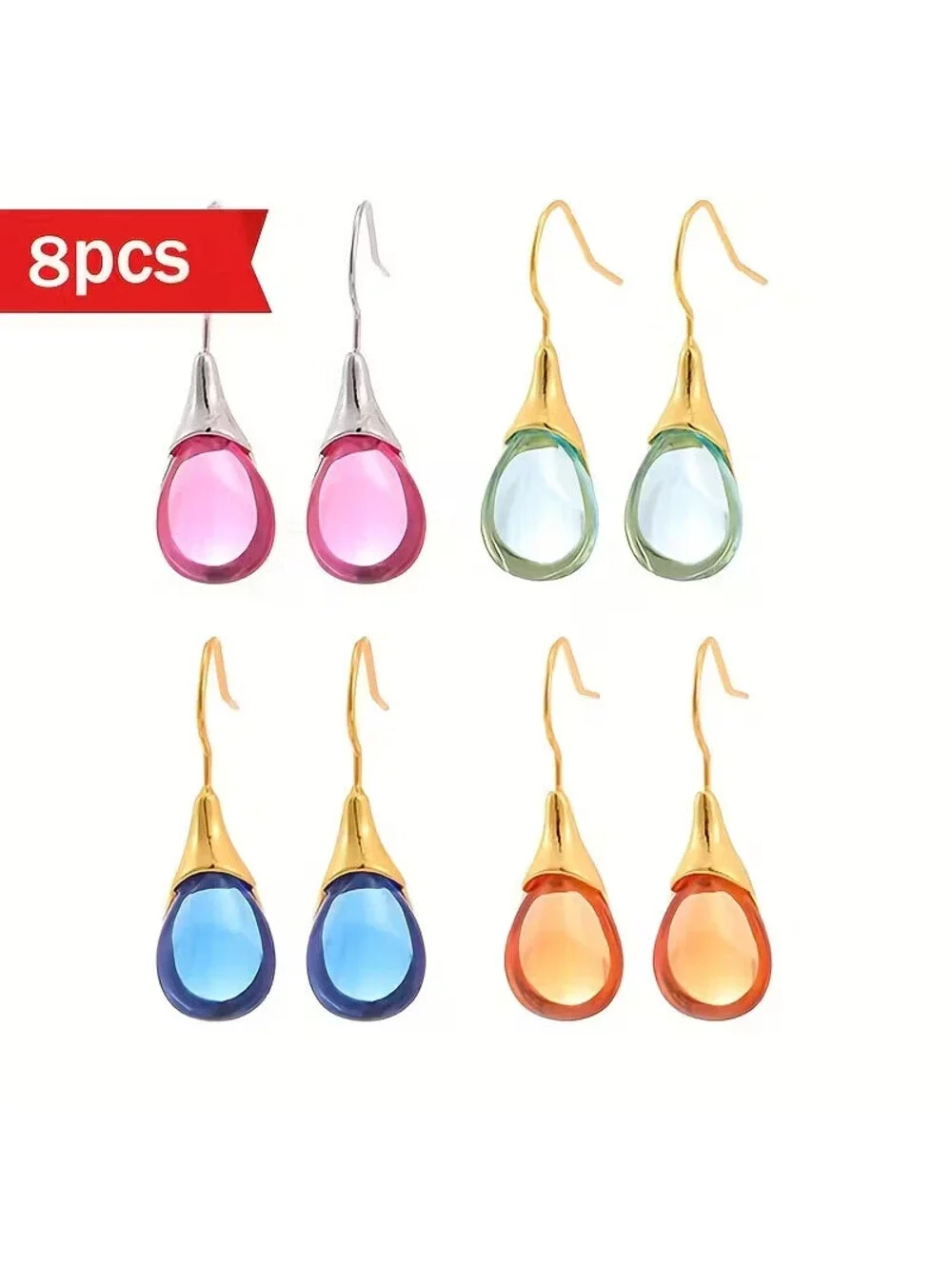 8pcs Water Drop Resin Earrings in 4 Vibrant Colors